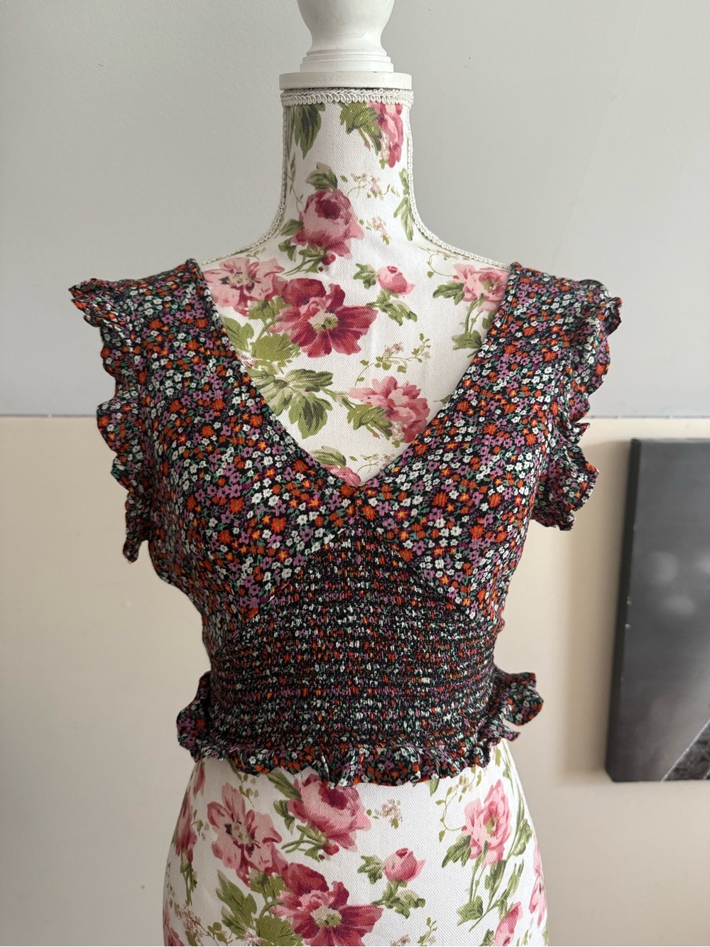 Patrons Of Peace Smocked Floral V-Neck Crop Top in Multi-Color